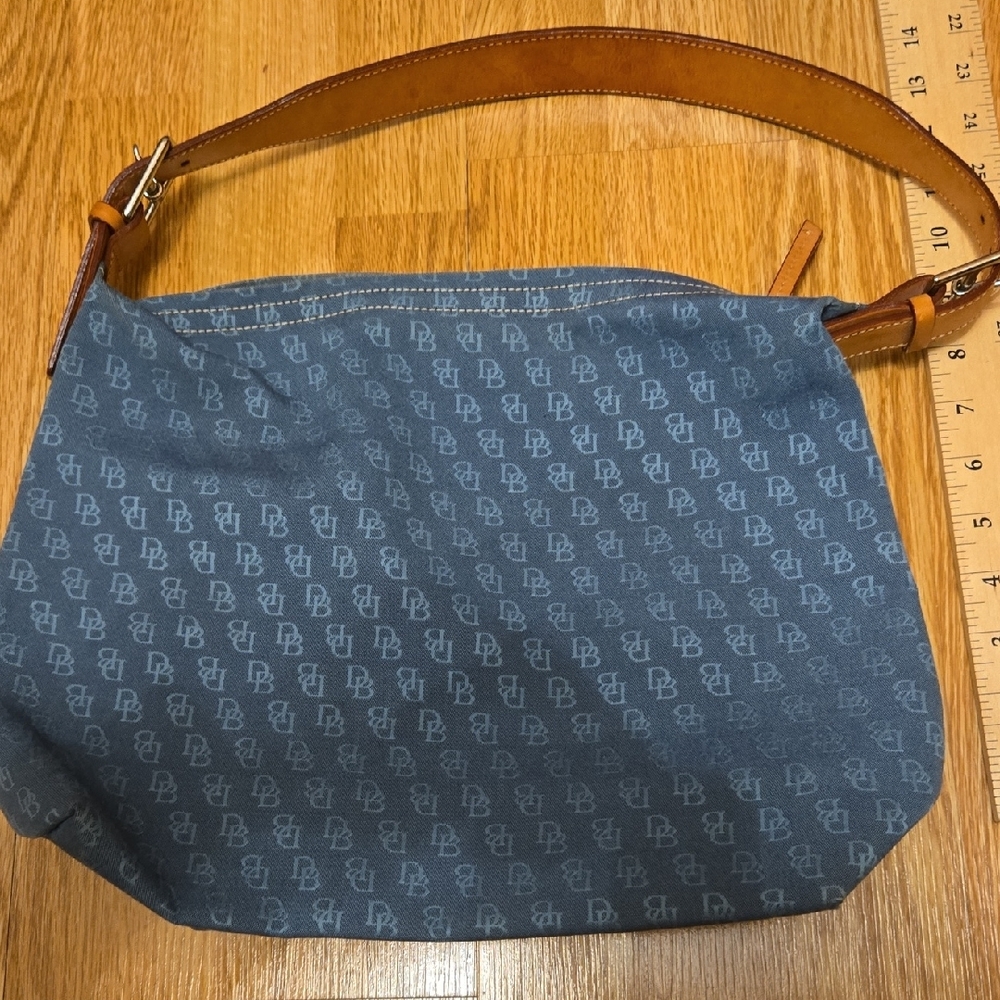 Dooney & Bourke Blue Monogram Shoulder Bag with Tan Leather Strap - Picture 3 of 11